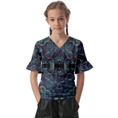 Background Pattern Mushrooms Kids  V-neck Horn Sleeve Blouse by Ravend