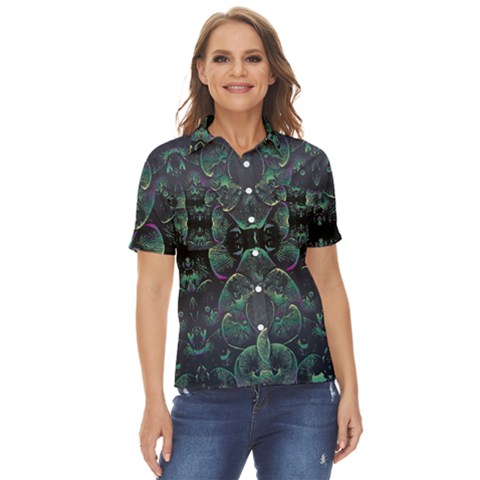 Background Pattern Mushrooms Women s Short Sleeve Double Pocket Shirt by Ravend