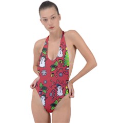 Santa Snowman Gift Holiday Backless Halter One Piece Swimsuit by Pakjumat
