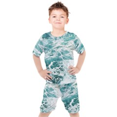 Blue Crashing Ocean Wave Kids  T-shirt And Shorts Set by Jack14