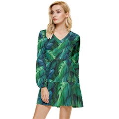 Tropical Green Leaves Background Tiered Long Sleeve Mini Dress by Amaryn4rt