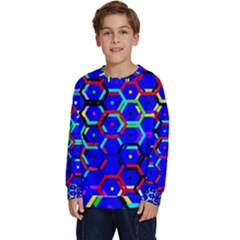 Blue Bee Hive Pattern Kids  Crewneck Sweatshirt by Amaryn4rt