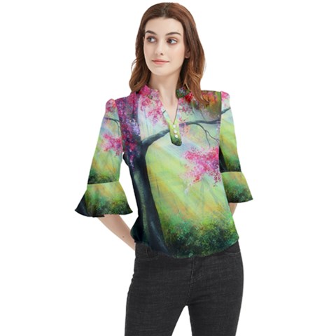 Forests Stunning Glimmer Paintings Sunlight Blooms Plants Love Seasons Traditional Art Flowers Sunsh Loose Horn Sleeve Chiffon Blouse by Amaryn4rt