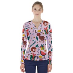 Colorful-funny-christmas-pattern Merry Xmas V-neck Long Sleeve Top by Amaryn4rt