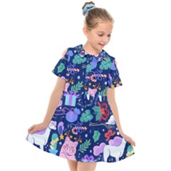 Colorful-funny-christmas-pattern Pig Animal Kids  Short Sleeve Shirt Dress by Amaryn4rt