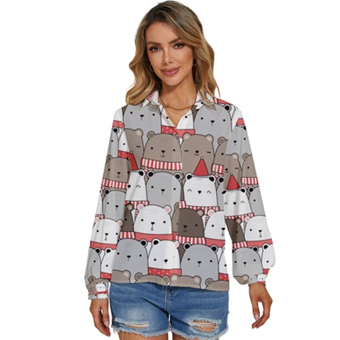 Cute Adorable Bear Merry Christmas Happy New Year Cartoon Doodle Seamless Pattern Women s Long Sleeve Button Up Shirt by Amaryn4rt