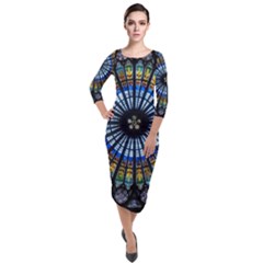 Mandala Floral Wallpaper Rose Window Strasbourg Cathedral France Quarter Sleeve Midi Velour Bodycon Dress by Sarkoni