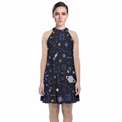 Starry Night  Space Constellations  Stars  Galaxy  Universe Graphic  Illustration Velvet Halter Neckline Dress  by Pakjumat