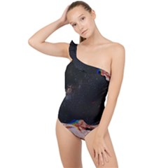 Retro Vintage Space Galaxy Frilly One Shoulder Swimsuit by Pakjumat