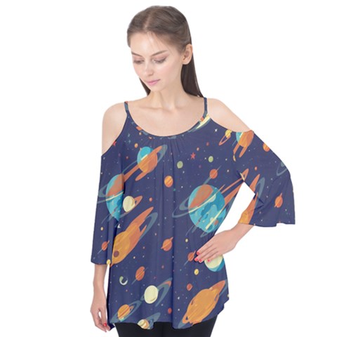 Space Galaxy Planet Universe Stars Night Fantasy Flutter Sleeve T-shirt  by Pakjumat