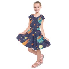 Space Galaxy Planet Universe Stars Night Fantasy Kids  Short Sleeve Dress by Pakjumat