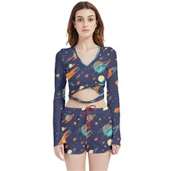 Space Galaxy Planet Universe Stars Night Fantasy Velvet Wrap Crop Top And Shorts Set by Pakjumat