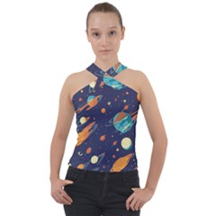 Space Galaxy Planet Universe Stars Night Fantasy Cross Neck Velour Top by Pakjumat