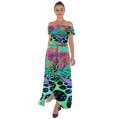 Psychedelic Blacklight Drawing Shapes Art Off Shoulder Open Front Chiffon Dress by Modalart
