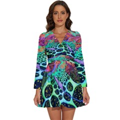 Psychedelic Blacklight Drawing Shapes Art Long Sleeve V-neck Chiffon Dress  by Modalart