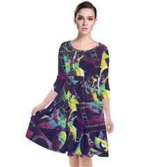 Artistic Psychedelic Abstract Quarter Sleeve Waist Band Dress