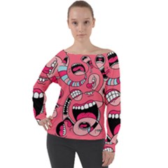 Big Mouth Worm Off Shoulder Long Sleeve Velour Top by Dutashop