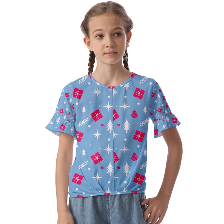Christmas  Xmas Pattern Vector With Gifts And Pine Tree Icons Kids  Cuff Sleeve Scrunch Bottom T-Shirt
