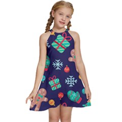 Christmas Texture New Year Background Trees Retro Pattern Kids  Halter Collar Waist Tie Chiffon Dress by Sarkoni