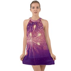 Fireworks On A Purple With Fireworks New Year Christmas Pattern Halter Tie Back Chiffon Dress by Sarkoni