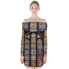 Stained Glass Window Old Antique Long Sleeve Off Shoulder Dress by Sarkoni