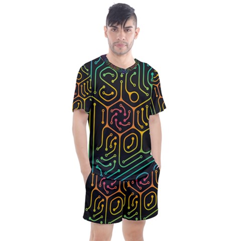 Circuit Hexagonal Geometric Pattern Background Pattern Men s Mesh T-shirt And Shorts Set by Vaneshop