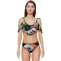 Retro Wave Kaiju Godzilla Japanese Pop Art Style Ruffle Edge Tie Up Bikini Set	 by Modalart