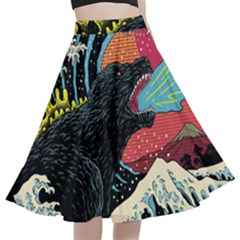 Retro Wave Kaiju Godzilla Japanese Pop Art Style A-line Full Circle Midi Skirt With Pocket by Modalart