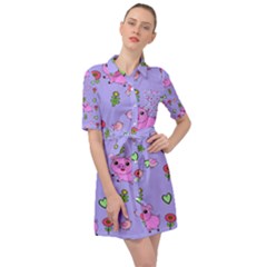 Flower Pink Pig Piggy Seamless Belted Shirt Dress