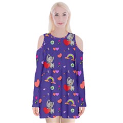 Rabbit Hearts Texture Seamless Pattern Velvet Long Sleeve Shoulder Cutout Dress