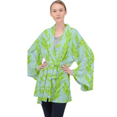 Background Leaves Branch Seamless Long Sleeve Velvet Kimono 