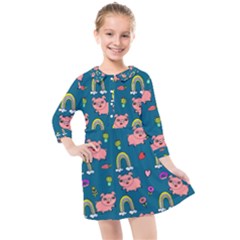 Flowers Pink Pig Piggy Seamless Kids  Quarter Sleeve Shirt Dress