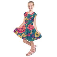 Floral Art Flowers Textile Kids  Short Sleeve Dress