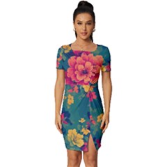 Floral Art Flowers Textile Fitted Knot Split End Bodycon Dress