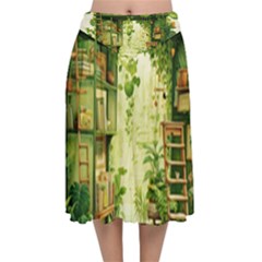 Building Potted Plants Velvet Flared Midi Skirt