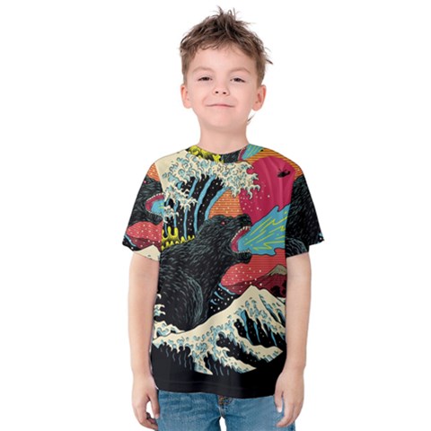 Retro Wave Kaiju Godzilla Japanese Pop Art Style Kids  Cotton T-shirt by Modalart