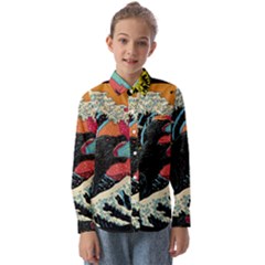 Retro Wave Kaiju Godzilla Japanese Pop Art Style Kids  Long Sleeve Shirt