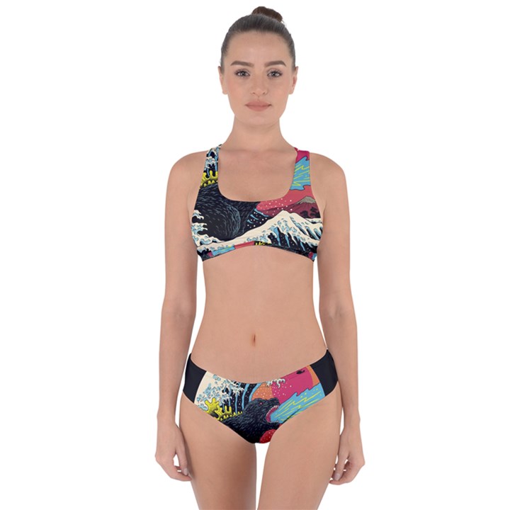 Retro Wave Kaiju Godzilla Japanese Pop Art Style Criss Cross Bikini Set