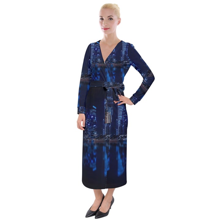 Illuminated Cityscape Against Blue Sky At Night Velvet Maxi Wrap Dress