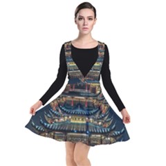 Blue Yellow And Green Lighted Pagoda Tower Plunge Pinafore Dress