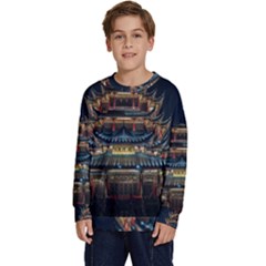 Blue Yellow And Green Lighted Pagoda Tower Kids  Crewneck Sweatshirt by Modalart