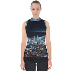 Aerial Photography Of Lighted High Rise Buildings Mock Neck Shell Top