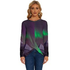 Fantasy Pyramid Mystic Space Aurora Long Sleeve Crew Neck Pullover Top by Grandong