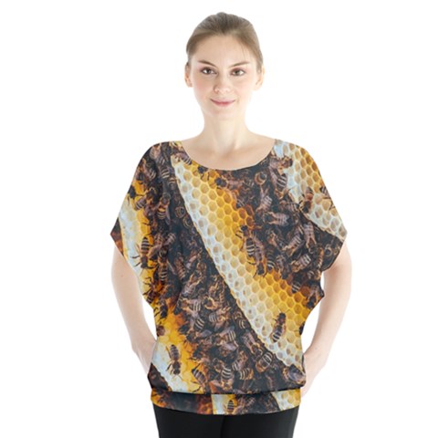 Yellow And Black Bees On Brown And Black Batwing Chiffon Blouse by Ndabl3x
