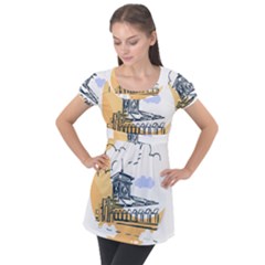 Poster Map Flag Lotus Boat Puff Sleeve Tunic Top