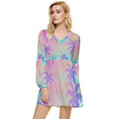 Palm Trees Leaves Plants Tropical Tiered Long Sleeve Mini Dress by Grandong