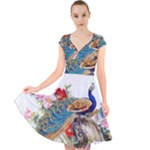 Birds Peacock Artistic Colorful Flower Painting Cap Sleeve Front Wrap Midi Dress