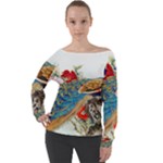 Birds Peacock Artistic Colorful Flower Painting Off Shoulder Long Sleeve Velour Top