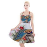 Birds Peacock Artistic Colorful Flower Painting Halter Party Swing Dress 