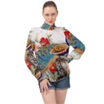 Birds Peacock Artistic Colorful Flower Painting High Neck Long Sleeve Chiffon Top